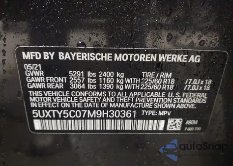 2021 BMW X3 xDrive30I from USA, damaged, VIN 5UXTY5C07M9H30361